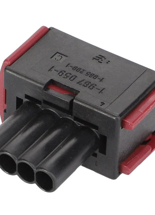 Product Description: The AGCO | Connector - D45043804 by AGCO is a black rectangular electrical connector featuring four cylindrical sockets and red clips on the sides.