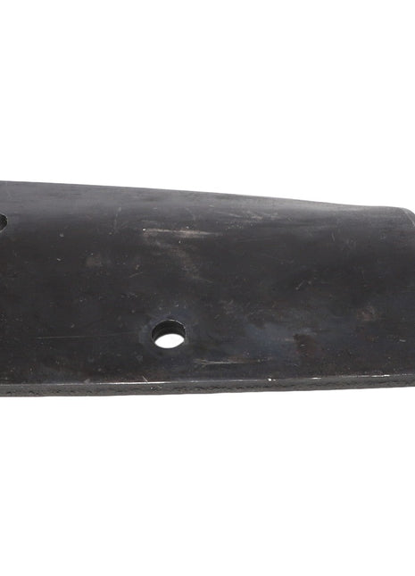 The AGCO BLADE - E100662 is a rectangular, flat black metal piece with two circular holes near one edge, making it perfect for securing components.