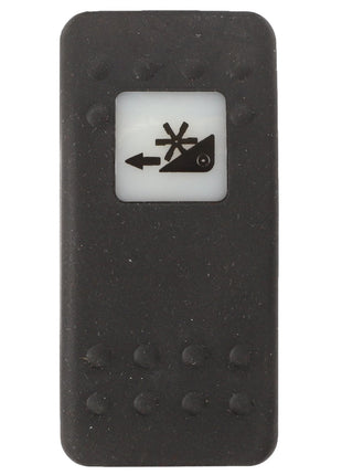 A close-up view of the AGCO | SWITCH - D45050015, a sleek, black rectangular button featuring a white snowflake symbol and an arrow pointing left, suggesting its function is related to temperature or direction control.