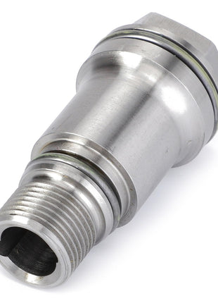 Close-up of the AGCO Thrust Piece (F836200710190), showcasing its metallic, cylindrical shape with a hexagonal section near the top and an open end for fluid or gas connection.