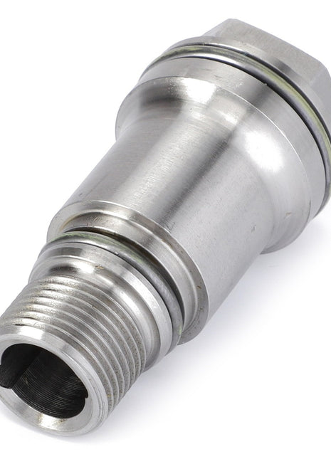 Close-up of the AGCO Thrust Piece (F836200710190), showcasing its metallic, cylindrical shape with a hexagonal section near the top and an open end for fluid or gas connection.