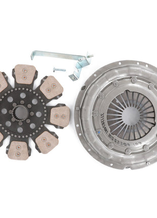 A display of the AGCO Repair Kit, Clutch - 3713267M00 showcases a pressure plate on the right, a clutch disk on the left, and a small metal bracket with a bolt above the components, all set against a white background. This kit is perfect for Massey Ferguson models and features genuine parts from AGCO for optimal performance.