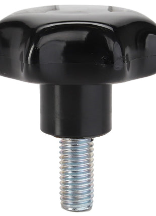 The AGCO | KNOB - D49070800 by AGCO is a black plastic star knob featuring a threaded metal shaft, designed for tightening or adjusting machinery components. This concise summary provides the available product description information.