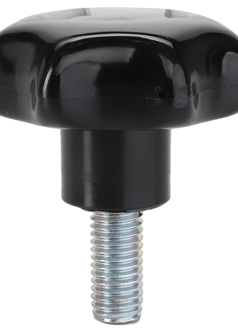 The AGCO | KNOB - D49070800 by AGCO is a black plastic star knob featuring a threaded metal shaft, designed for tightening or adjusting machinery components. This concise summary provides the available product description information.