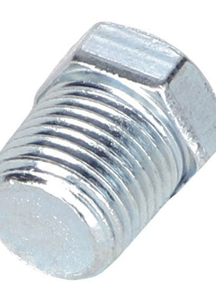 Close-up of the AGCO | Plug - 791319, a silver, hexagonal metal plug with a threaded body, perfect for securely sealing the end of a pipe or fitting.
