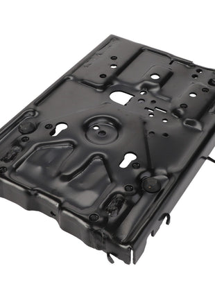 The AGCO Suspension Lower Part - F222502031090 is a black, rectangular metal automotive component featuring various cutouts and holes designed for seamless assembly and secure mounting.