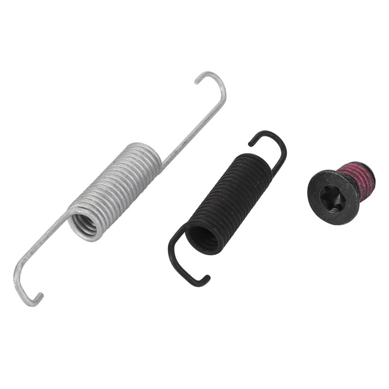 Two coiled metal springs, one metallic and one black, are placed side by side. A black screw with a purple ring around its threads is positioned to the right of the springs. These items are part of the AGCO SMALL PARTS KIT - F930500030670 from AGCO.
