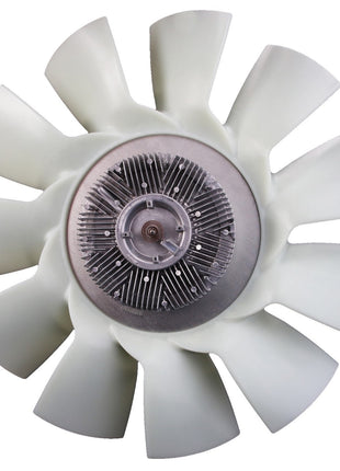 The AGCO | Fan - Acw051190B is a sleek, white cooling fan with multiple blades arranged in a circular pattern. It features an intricately detailed metallic central hub and is designed for both efficiency and style, making it an elegant complement to any modern decor.