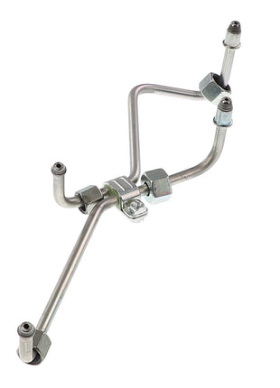 An AGCO Injection Pipe - F530200710170, showcasing multiple precisely bent sections and several securely attached fittings, isolated on a clean white background.