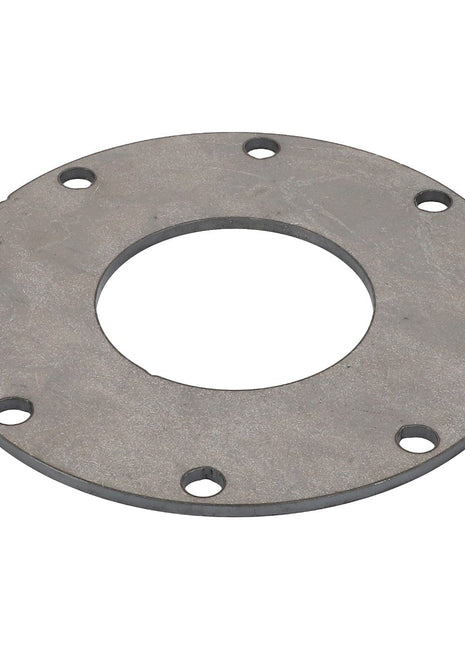Product Description: The AGCO Disc - Fel103162 is a round, flat metal disc featuring a large central hole with six smaller holes evenly spaced around the perimeter.