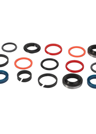 A stunning collection of AGCO's black, red, and blue circular mechanical seals from the GASKET KIT - AL60005579 meticulously arranged on a pristine white background.