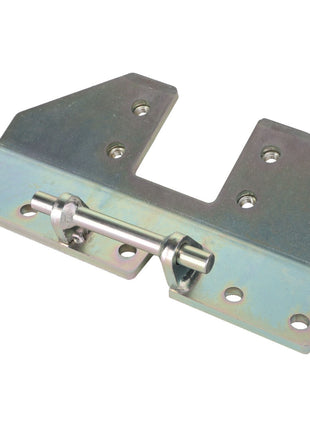 Product Description: The AGCO Shield Hinge, Left Hand - Acx2072490 is a metallic, rectangular hardware bracket featuring multiple mounting holes and a central cylindrical hinge component.