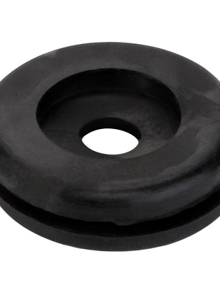 The AGCO | GROMMET - LA10396580 is a black rubber grommet featuring a central hole and a groove around its outer edge. More detailed product description information is currently unavailable.