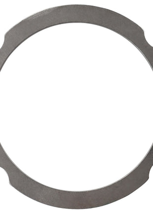 The AGCO Compensating Ring - F007200210270 is a metal washer featuring three circular notches evenly spaced around its outer edge.