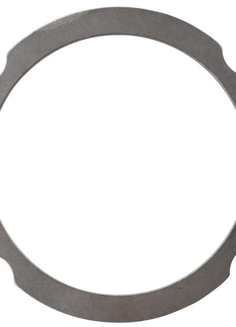 The AGCO Compensating Ring - F007200210270 is a metal washer featuring three circular notches evenly spaced around its outer edge.