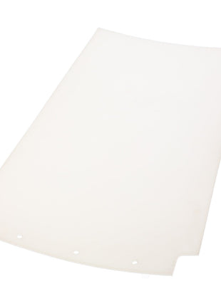 Introducing the AGCO LINER - 112086W1 by AGCO: a translucent rectangular plastic sheet with three evenly spaced holes punched near one edge and a small notch on the side. For more details, contact our support team.