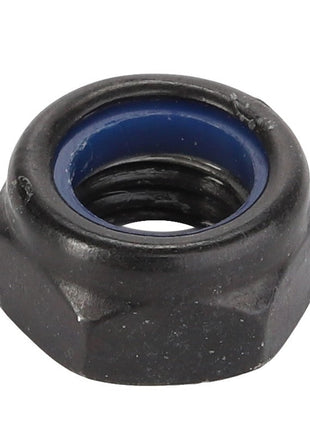Close-up of the AGCO Hex Top Lock Nut - Acw7140140, a black hexagonal nylon-insert lock nut featuring a distinctive blue nylon ring inside.