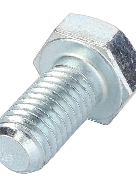 A detailed close-up image of the AGCO | Screw - Al5002076, featuring a metallic hex bolt with a partially threaded shaft and a flat hexagonal head. This bolt, often utilized in Fendt machinery, showcases a shiny, reflective surface.