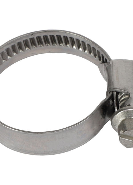 The AGCO Hose Clip - Acp0353430 is a silver metal hose clamp featuring a precision screw mechanism for tightening.