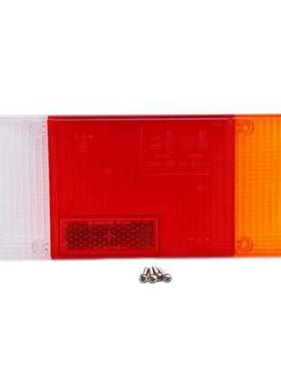 The AGCO Lamp Lens, Rear, Right Side - AG711448 is a rectangular vehicle taillight with red, white, and amber sections, featuring an AGCO Genuine Lens for enhanced durability and efficiency, and includes a set of three screws placed in front of it.