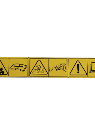 The AGCO DECAL - ACP0433180 offers a thorough product description, including yellow hazard signs to warn against entanglement, the necessity of reading instructions, graphics depicting a person being struck by an object, and a general caution symbol marked with an exclamation point. For further details or assistance, please reach out to our support team.
