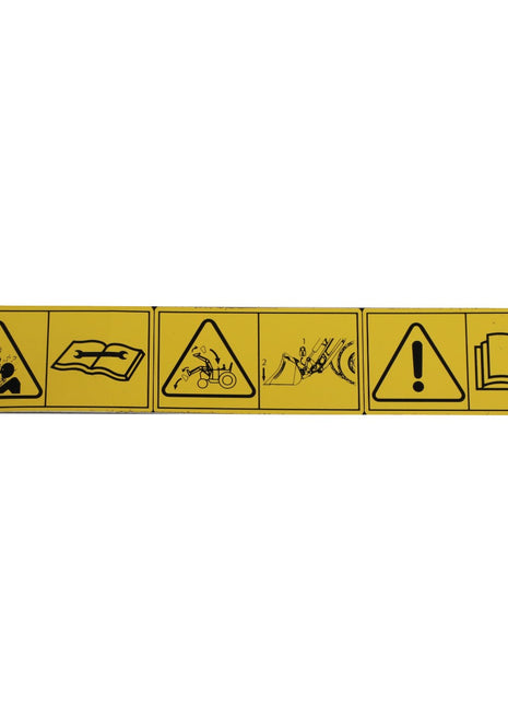 The AGCO DECAL - ACP0433180 offers a thorough product description, including yellow hazard signs to warn against entanglement, the necessity of reading instructions, graphics depicting a person being struck by an object, and a general caution symbol marked with an exclamation point. For further details or assistance, please reach out to our support team.