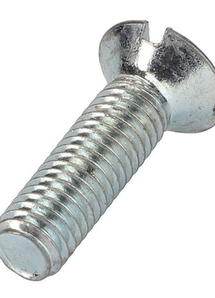 A slotted, flat-head AGCO | COUNTERSUNK CAPSCREW - 0902-50-26-00, viewed from a slight angle, showcasing its threads and shiny surface. No current product description information is available.