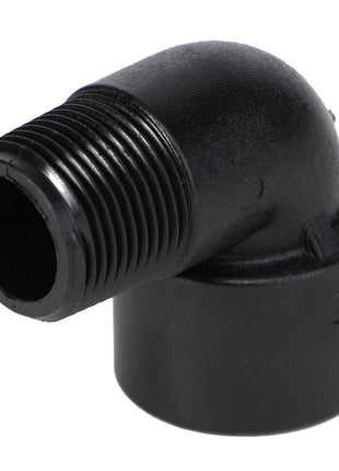 The AGCO | Street Elbow - Ag051164, a black right-angle plastic pipe fitting by AGCO, features a threaded male end and a smooth female end, designed for seamlessly connecting pipes.