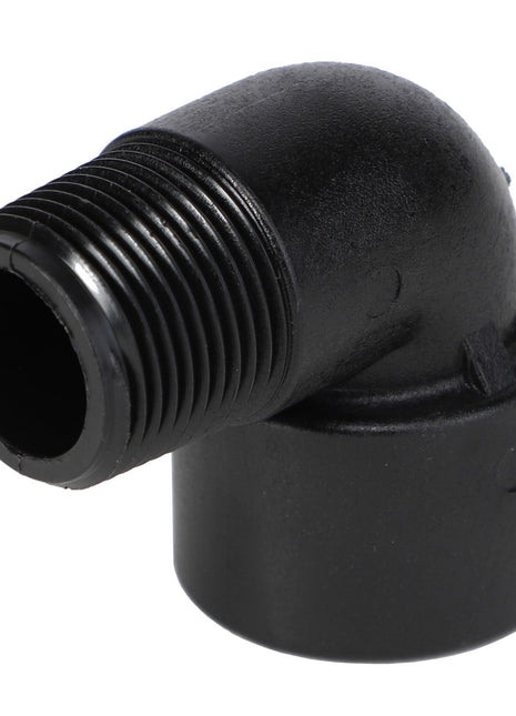 The AGCO | Street Elbow - Ag051164, a black right-angle plastic pipe fitting by AGCO, features a threaded male end and a smooth female end, designed for seamlessly connecting pipes.