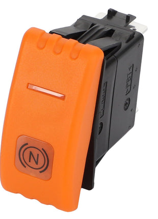 Close-up of the AGCO Switch - Acw143130A, featuring an orange and black rocker design with a red indicator light and a neutral "N" symbol on the bottom.