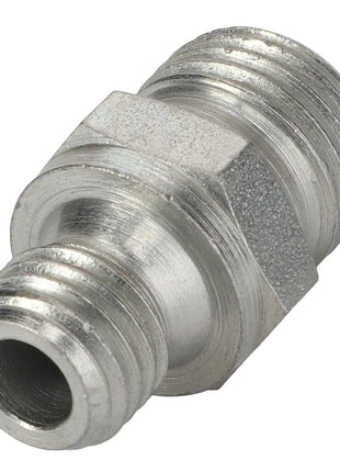 Close-up view of the AGCO Union - Acp0677100 metal hex nipple fitting with threaded ends, used for connecting pipes or hoses. No current product description available.