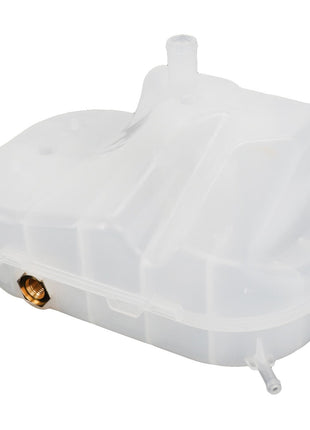 The AGCO Expansion Tank - Acx2563890, a white plastic automotive coolant reservoir, features a brass threaded outlet and multiple inlet/outlet ports. Currently, there is no additional product description information available.