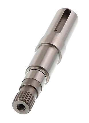 The AGCO | SHAFT - AG704032 is a finely crafted metallic cylindrical shaft with multiple grooves and a threaded end, showcasing precise machining and an exceptionally smooth surface finish.