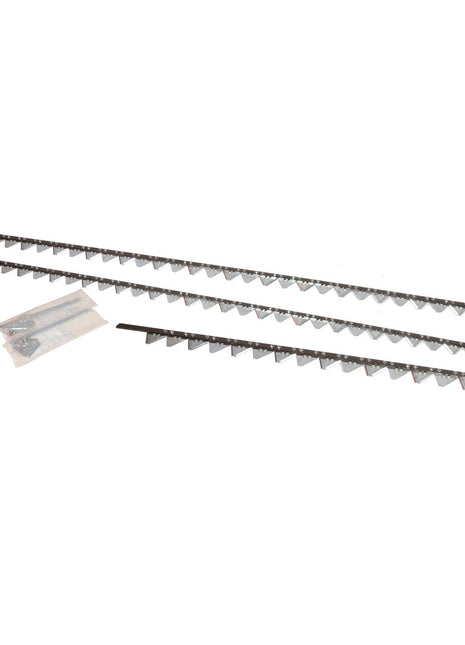 Three metal rack strips with serrated edges and a small plastic bag containing screws and mounting hardware are included in the AGCO | KIT, KNIFE - D28286573 by AGCO. Note: No current product description information available.