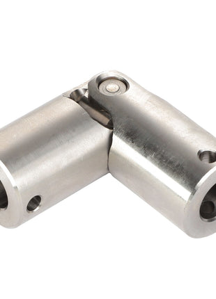 The AGCO | U-JOINT - AG722109 is a metal universal joint featuring two cylindrical ends connected by a pivot mechanism, which facilitates rotational movement between the parts.