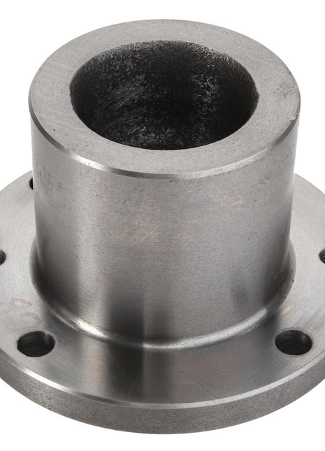 The AGCO | PIN - D46150597 is a metal cylindrical pipe fitting with a flanged base, featuring four evenly spaced bolt holes. The polished steel surface shows slight internal wear. Please note: there is no current product description information available beyond this summary.