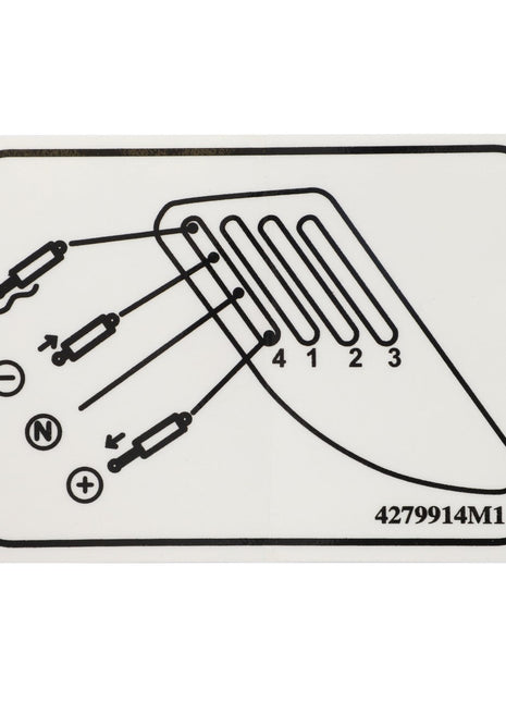 Diagram showing electrical connections on a device, labeled with four slots numbered 1 through 4, and symbols for positive, negative, and neutral. The AGCO Decal for Hydraulic Controls (part number 4279914M1) is displayed in the corner alongside AGCO Parts Genuine Decals, ensuring authenticity and durability for your agricultural engineering needs.