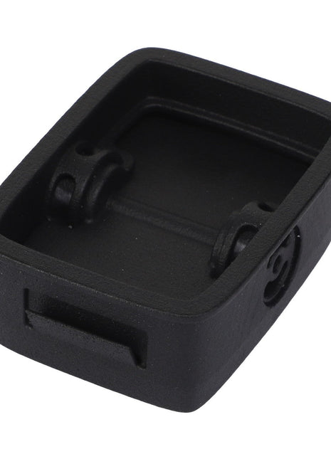 The AGCO Shutter - Acx3293040 is a black plastic rectangular clip, featuring an open central compartment and two internal hinges, designed for attachment to another object. No additional product description information is currently available.