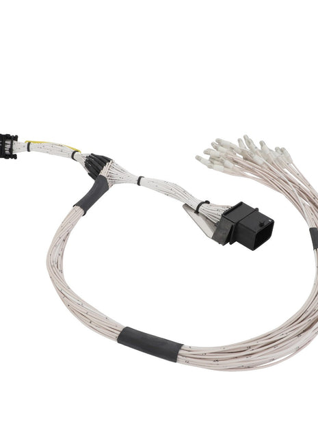 The AGCO Harness - Act0053980 is a bundle of white cables with a black connector on one end and multiple smaller connectors on the other. No current product description available.