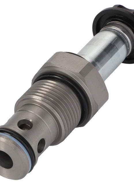 Close-up of the AGCO Valve - Acp0296680, showcasing its metallic hydraulic construction with a threaded hexagonal section, cylindrical body, and a sleek black plastic cap at one end.