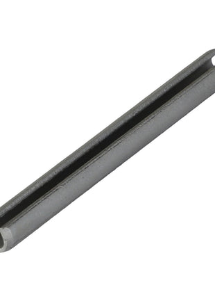 The AGCO Roll Pin - Fel107456 is a cylindrical metal spring pin featuring a longitudinal slit, designed to fit securely into a hole while providing a flexible fastening solution.