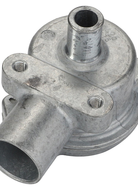 Close-up view of an AGCO Bleeder Valve - F214202210430, a metallic mechanical part with two threaded holes and three cylindrical openings, currently without a product description.