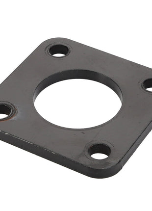 The AGCO | SPACER - AG236673 is a black metal square plate featuring a large circular hole in the center and four smaller holes, one in each corner. No current product description information is available.