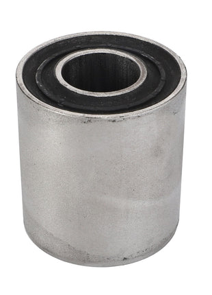 Close-up of the AGCO RUBBER BUSH - D46481600, a cylindrical metal bushing featuring a black rubber inner lining, designed for use as a mechanical component in machinery or vehicles.