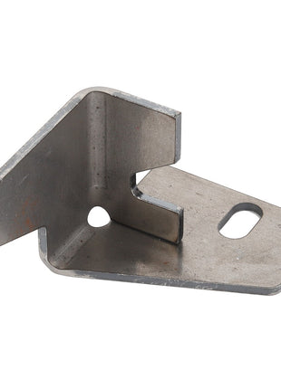 The AGCO BRACKET - D28787499 by AGCO features an angled design with a central circular hole and an elongated oval hole on the flat base. Please note: No current product description is available for additional specifications.