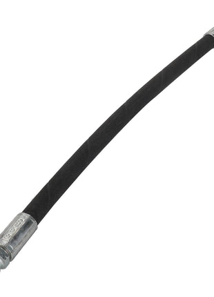 A flexible black rubber hose with metallic connectors on both ends, known as the AGCO | Hydraulic Hose - Acw1713990 by AGCO.