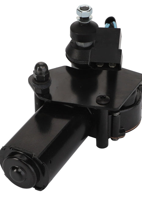 The AGCO | Wiper Motor - 4279886M2 is a black motorized mechanical part featuring a cylindrical body, electrical connectors, and mounting brackets.