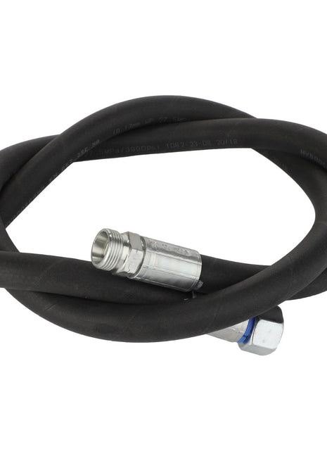 A durable, coiled black hydraulic hose from AGCO, model Acw433387A, featuring robust metal connectors on both ends.