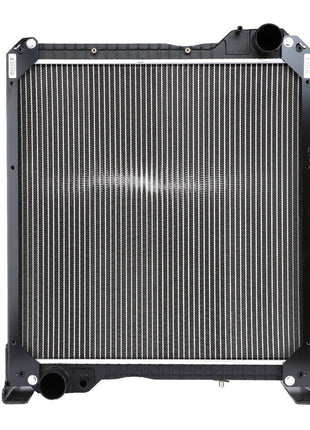 Experience superior durability with the AGCO Genuine Radiator, Model 3780221M5. Designed for optimized efficiency, this radiator features metal cooling fins, a black frame, and visible inlet and outlet ports on the top and bottom edges.