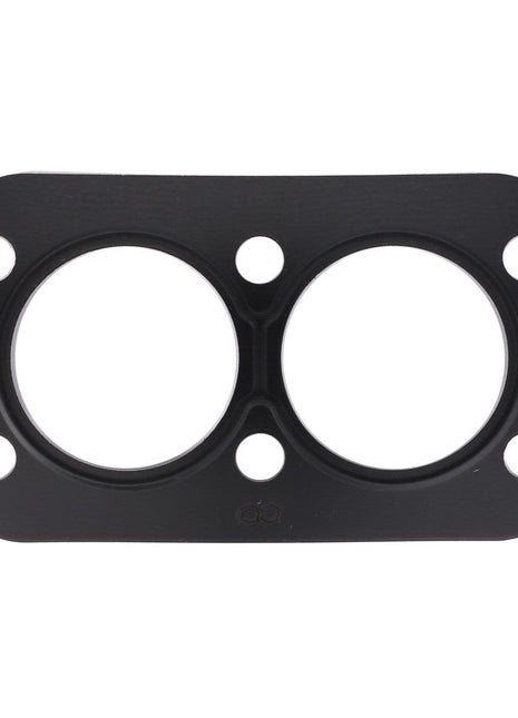 The AGCO | Seal - F842201090100 by AGCO is a black, rectangular metal gasket featuring two large circular openings and six smaller holes, specifically designed for Massey Ferguson machinery.